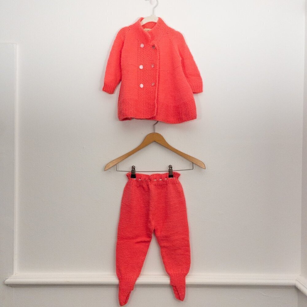 Vintage Handmade Baby Knit Set | Hot Pink Coat & Footed Pants | 6–12M